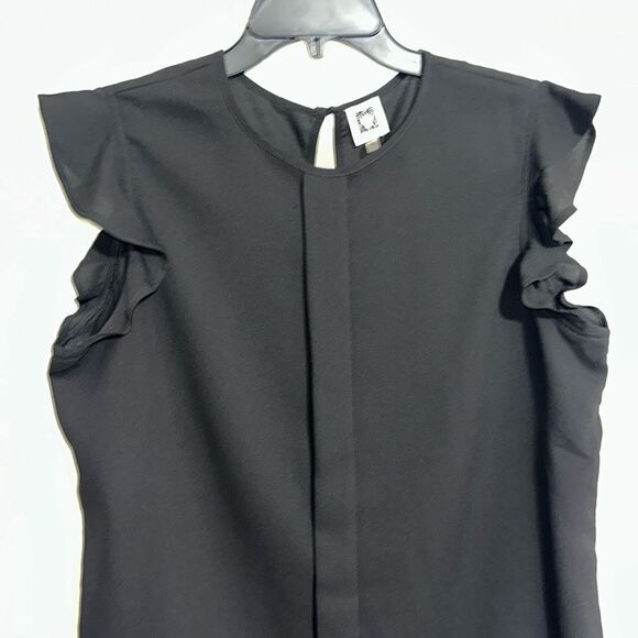 Anne Klein L Black Pleated Front Round Neck Back Button Ruffle Sleeve Top - Picture 3 of 9